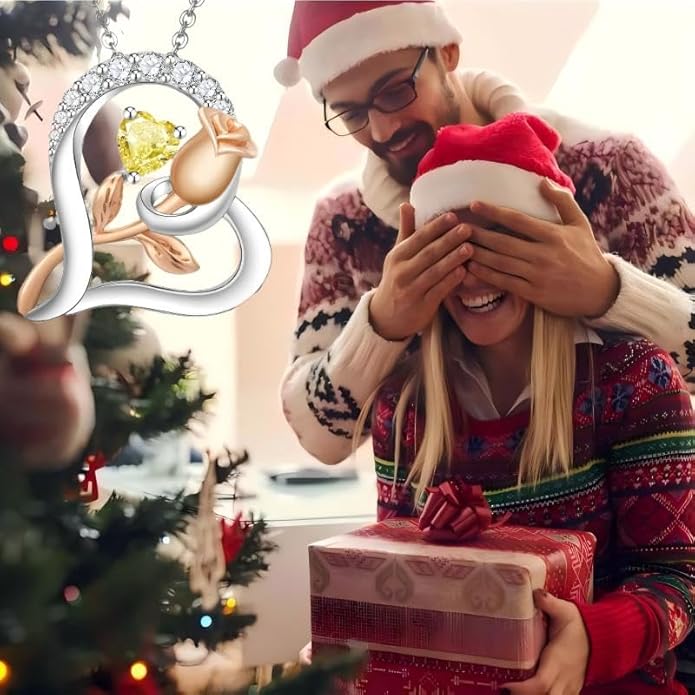 Rose Flower Heart Birthstone Necklaces for Women, 925 Sterling Silver Anniversary Jewelry, Pendant Heart Necklaces Birthday Anniversary Christmas Gift for Women Wife Mom Girlfriend Lady