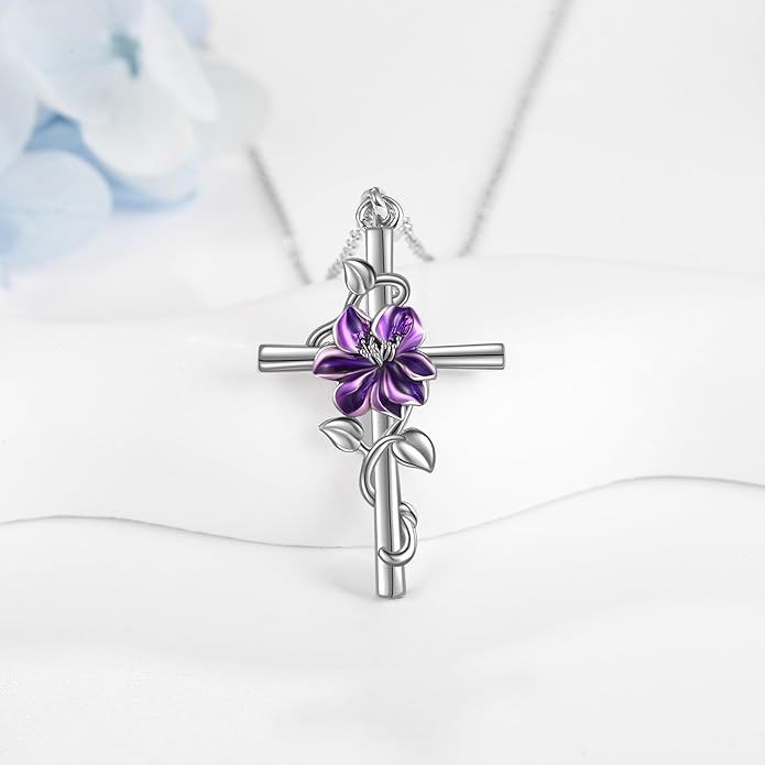 Flower Cross Necklace 925 Sterling Silver Carnation/Rose/Lily/Daisy Cross Necklace Birth Flower Jewelry for Women