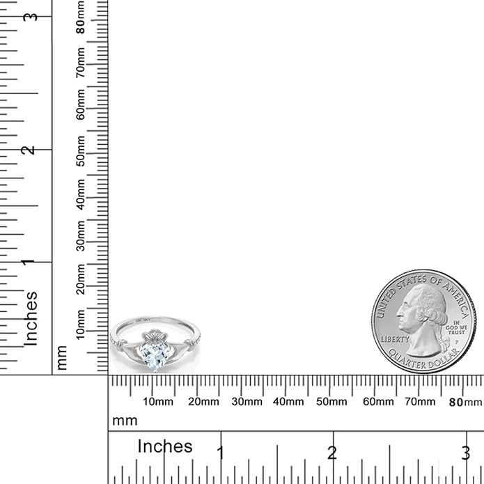 Gem Stone King 10K White Gold 6MM Heart Shape Gemstone Birthstone and White Diamond Irish Celtic Claddagh Engagement Ring | Gold Ring For Women | Available In Size 5, 6, 7, 8, 9