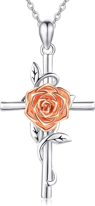 Flower Cross Necklace 925 Sterling Silver Carnation/Rose/Lily/Daisy Cross Necklace Birth Flower Jewelry for Women