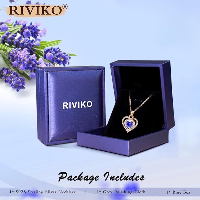 RIVIKO Heart Birthstone Pendant Necklace for Women 925 Sterling Silver Zirconia Necklaces Wedding Anniversary Birthday Mothers Day Jewelry Gifts For Her Mother Wife
