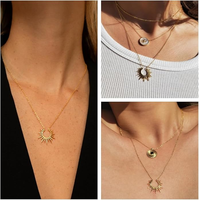 Lariat Gold Necklaces for Women - Dainty Gold Necklace Trendy 14K Gold Plated Hypoallergenic Layered Long Y-Shape Sunburst CZ T-Bar Pendant Drop Chain Necklace Set for Women Non Tarinsh Jewelry Gift