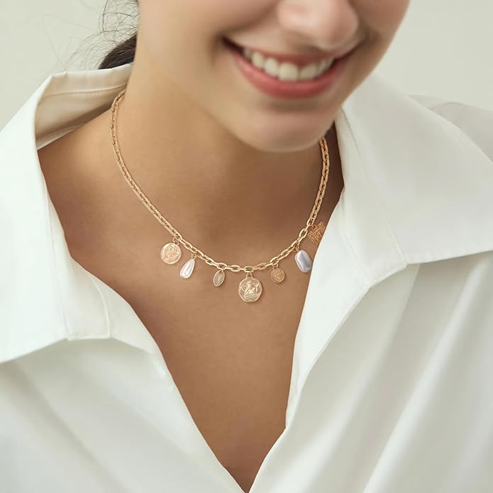 Charm Necklace for Women Gold Evil Eye Sun Moon Flower Coin Pendant Necklace Dainty Paperclip Chain Vintage Luck Amulet Choker Necklaces Celestial Jewelry Gift