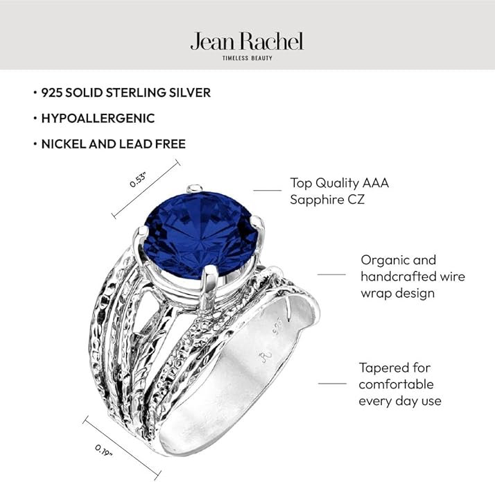 JEAN RACHEL JEWELRY 925 Sterling Silver Ring - Wrap Vintage Design with Prong Set Round Cubic Zirconia - Hypoallergenic, Lead & Nickel Free - Artisan Handcrafted Statement Rings for Women