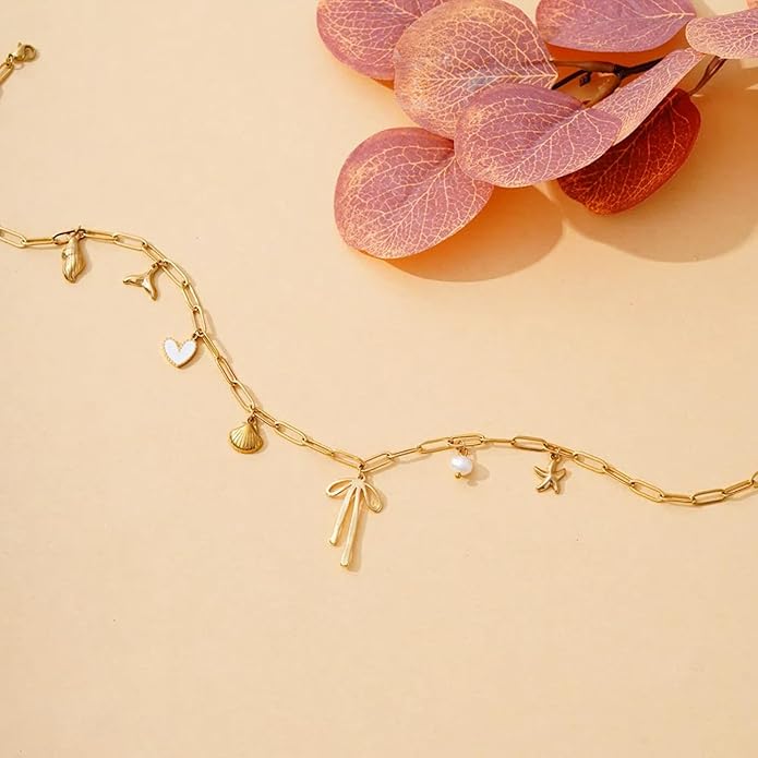 Charm Necklace for Women 14K Gold Plated Shell Cowgirl Boot Horseshoe Bow Heart Pendant Necklace Beach Western Jewelry