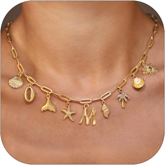 Initial Charm Necklace For Women Shell Letter Necklaces Gold Charms Pendant Boho Summer Seashell Beach 14k Starfish Surfer Jewelry Gifts