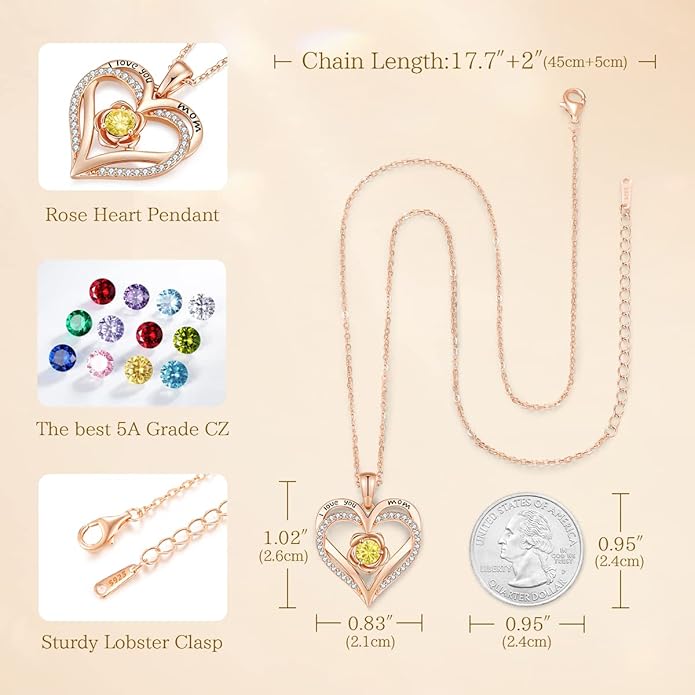 CDE S925 Silver Rose Gold Heart Birthstone Necklaces for Women，Ideal Anniversary or Birthday Jewelry Gifts for Wife Girlfriend Her