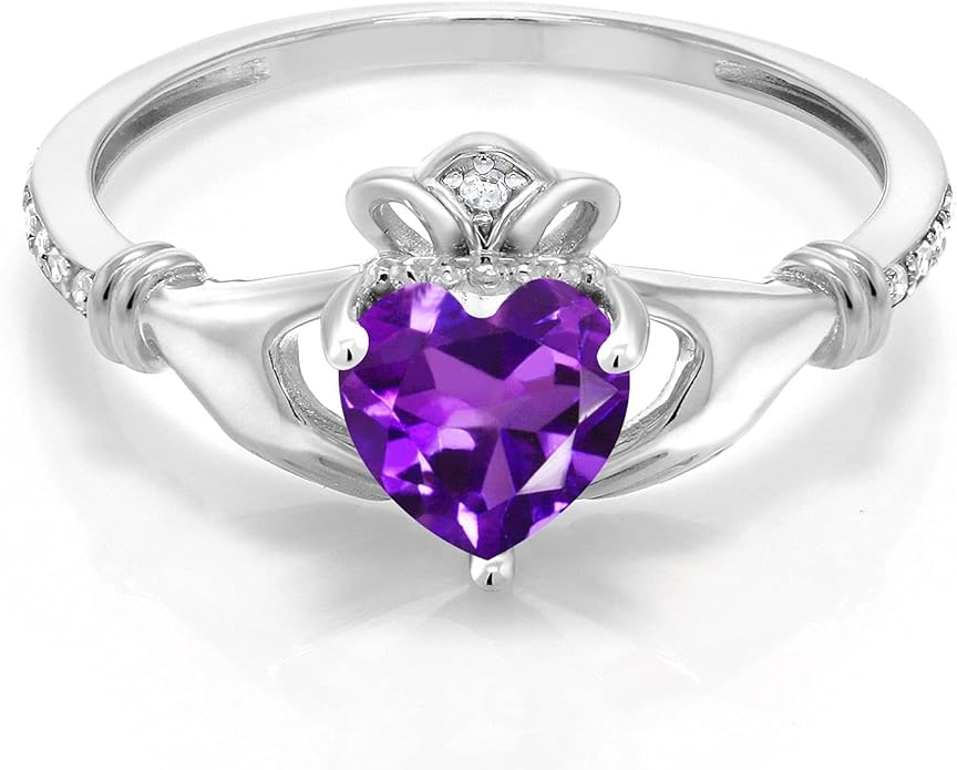 Gem Stone King 10K White Gold 6MM Heart Shape Gemstone Birthstone and White Diamond Irish Celtic Claddagh Engagement Ring | Gold Ring For Women | Available In Size 5, 6, 7, 8, 9