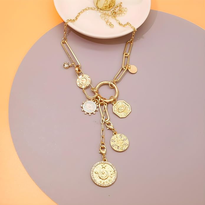 Chunky Retro Heart Necklace for Women Antique Layer Beach Ocean Moon Stars Western Boho Charm Necklaces Retro Link Chain Jewelry