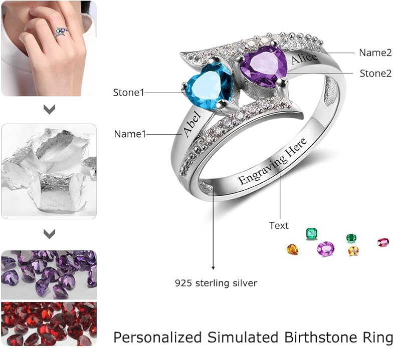 JewelOra Personalized Birthstone Rings for Women Promise Rings for Her Women Mother Rings with Engraved 2 Names Customized Gifts for Mom