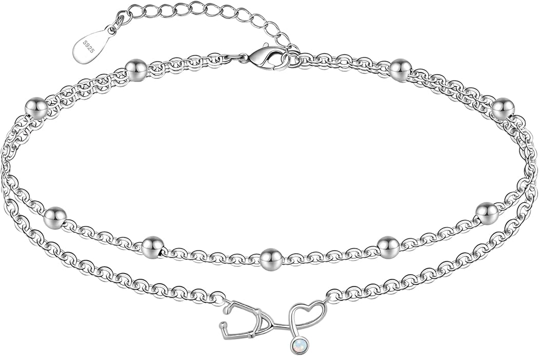 CHIC & ARTSY Womens Sterling Silver Created Opal Layered Anklet Bracelet Dainty Beaded Chain Adjustable 11" Best Friend Anklet