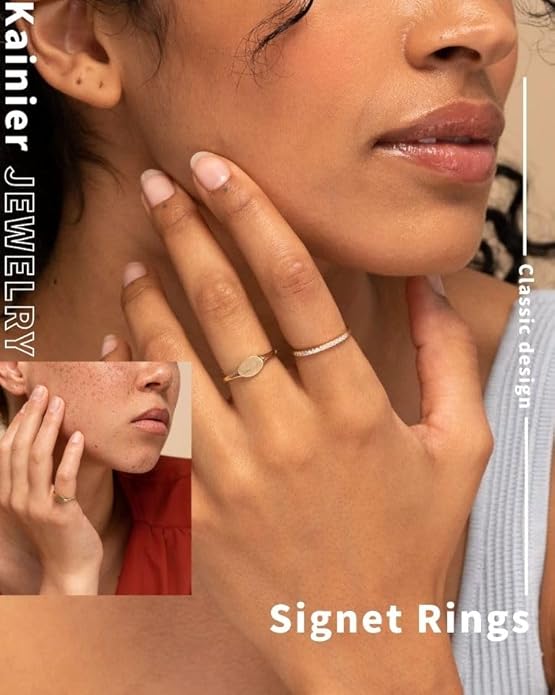 Kainier 14K Gold Plated Signet Rings Stackable Plain Slim Oval-shaped Thin Pinky Band for Women - 1.5mm Classic Dainty Cute Stacking Ring with Comfort Fit - Sizes 5-10
