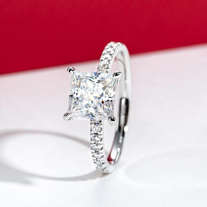 14K Solid Gold Side Stones Ring, Round/Princess Cut Centerpiece Moissanite Lab Grown Created Diamond, D Color and Flawless Real Gold Wedding Anniversary Ring