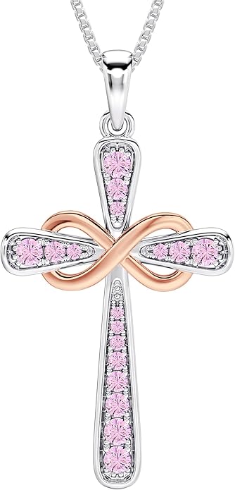 YL 925 Sterling Silver Cross Necklace for Women Halo Infinity Pendant Birthstone Jewelry for Mom