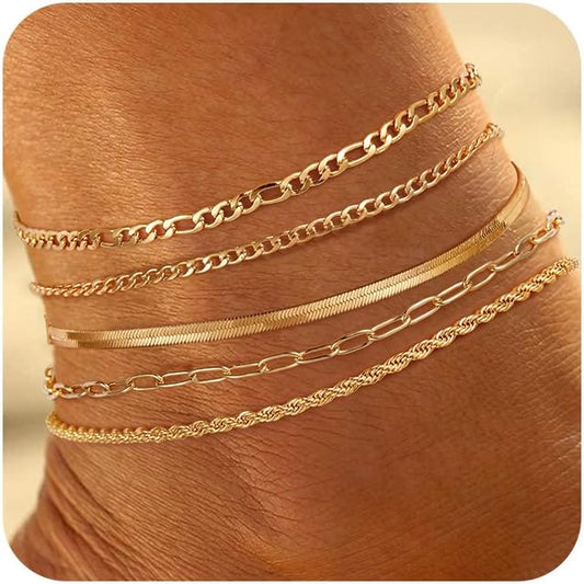 Ritach Ankle Bracelets for Women - Stainless Steel Silver/Gold Anklets for Women Waterproof Layered Cuban Link Figaro Chain Heart Anklets Set Summer Beach Jewelry Gifts