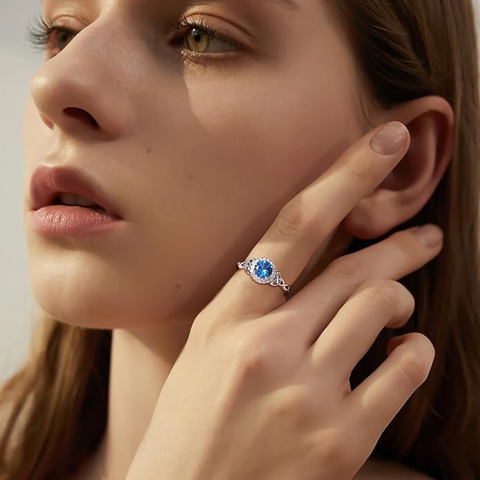 DAYBYDAY Celtic Birthstone Rings for Women 925 Sterling Silver Heart/Round/Pear/Oval Created Gemstone Moissanite Halo Engagement Promise Rings for Her Wife Birthday Anniversary Wedding Jewelry