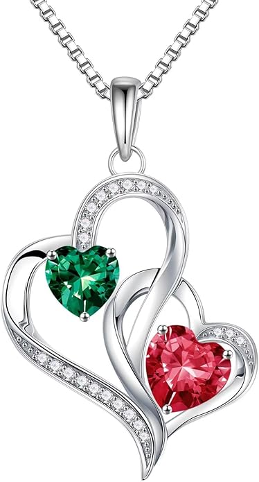 Iefil Birthstone Necklace for Women - 925 Sterling Silver Double Birthstone Heart Necklace | Anniversary Birthday Gifts for Women | Personalized Gifts | Jewelry Gifts for Wife Mom Girlfriend