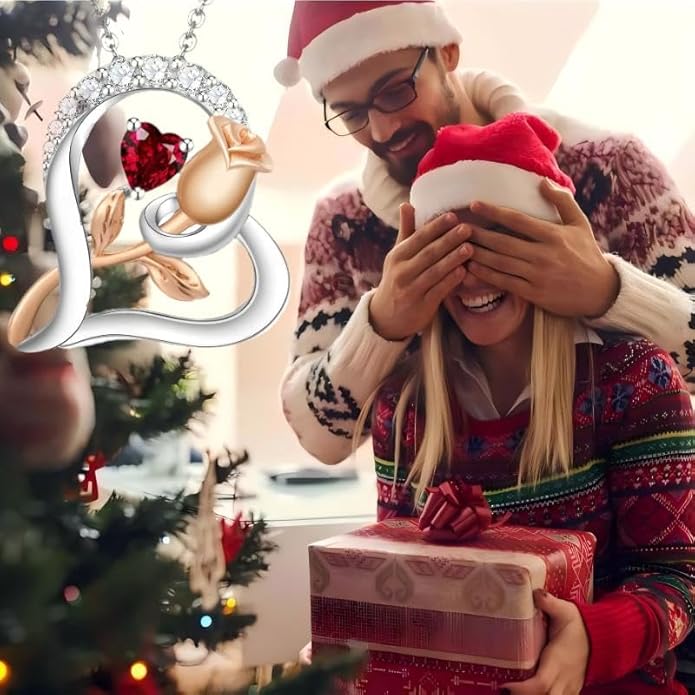 Rose Flower Heart Birthstone Necklaces for Women, 925 Sterling Silver Anniversary Jewelry, Pendant Heart Necklaces Birthday Anniversary Christmas Gift for Women Wife Mom Girlfriend Lady