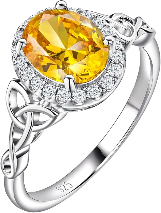 DAYBYDAY Celtic Birthstone Rings for Women 925 Sterling Silver Heart/Round/Pear/Oval Created Gemstone Moissanite Halo Engagement Promise Rings for Her Wife Birthday Anniversary Wedding Jewelry