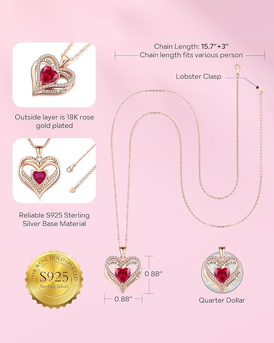 S925 Sterling Silver Necklace for Women, Wife Jewelry Rose Gold, Mom Birthday Valentines Mothers Day Gifts, Girlfriend Necklaces, Daughter Heart Jewel, Anniversary for Her