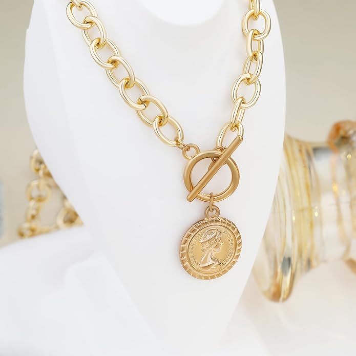 Charm Necklace for Women Gold Evil Eye Sun Moon Flower Coin Pendant Necklace Dainty Paperclip Chain Vintage Luck Amulet Choker Necklaces Celestial Jewelry Gift