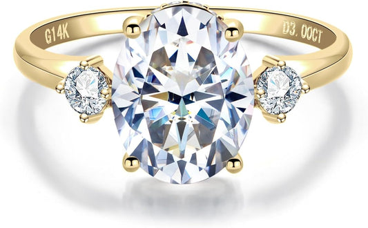 Solid 14K Gold 3.36ct Moissanite Three Stone Rings (3ct Center Stone), Round/Oval/Emerald Shape, Real Gold | D Color and Flawless Moissanite | Wedding Anniversary Ring