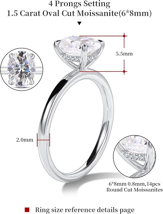 getlove 1.5-3ct Oval Moissanite Engagement Ring 18K White Gold Plated Solid Silver D-Color VVS1 Solitaire Promise Ring