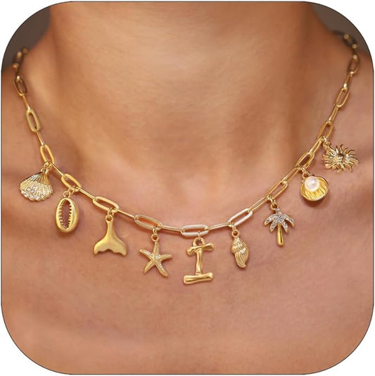 Initial Charm Necklace For Women Shell Letter Necklaces Gold Charms Pendant Boho Summer Seashell Beach 14k Starfish Surfer Jewelry Gifts