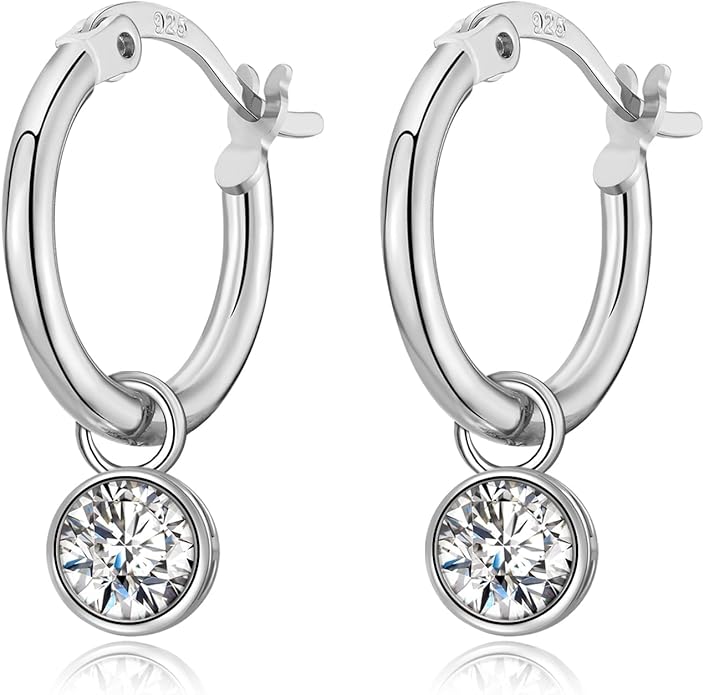 Dangle Hoop Earrings for Women, 925 Sterling Silver Hoop Earrings with Charms Tiny Baguette Round Teardrop Trio Cubic Zirconia Pearl Drop Dangling Cartilage Helix Tragus Diamond Jewelry Gifts