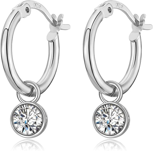 Dangle Hoop Earrings for Women, 925 Sterling Silver Hoop Earrings with Charms Tiny Baguette Round Teardrop Trio Cubic Zirconia Pearl Drop Dangling Cartilage Helix Tragus Diamond Jewelry Gifts