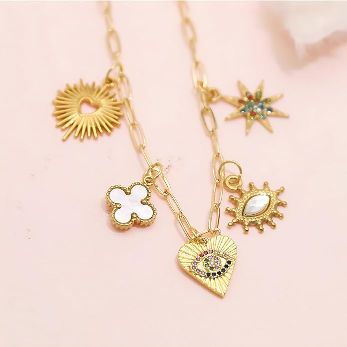 Chunky Retro Heart Necklace for Women Antique Layer Beach Ocean Moon Stars Western Boho Charm Necklaces Retro Link Chain Jewelry