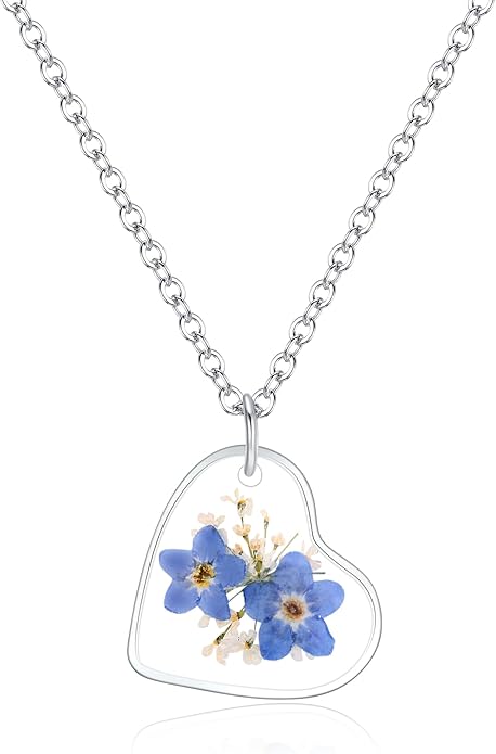 Forget-Me-Not and Queen Anne's Lace Pressed Wildflower Necklace | Birth Month Real Flower Necklace | Gold/Silver Pressed Flower Jewelry | Personalized Handmade Jewelry