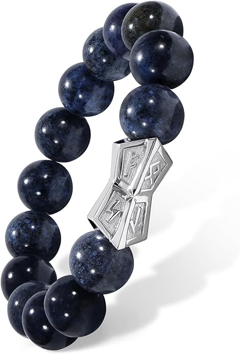 AWNL® Men's Beaded Bracelet with Sterling Silver Engraved Runes Charm 12mm Bronzite Dumortierite Obsidian Natural Gemstone Gift for Men, 6.1''-7.9''