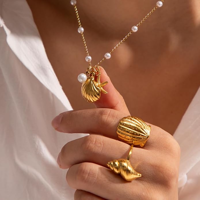 Charm Necklace for Women Pearl Starfish Seashell 14k Gold Summer Beach Surfer Jewelry Necklace Gifts