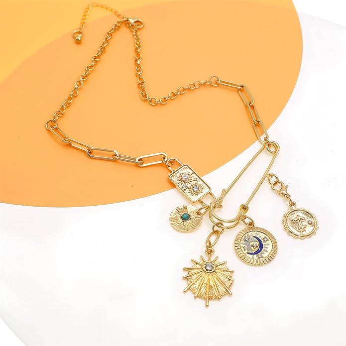 Chunky Retro Heart Necklace for Women Antique Layer Beach Ocean Moon Stars Western Boho Charm Necklaces Retro Link Chain Jewelry