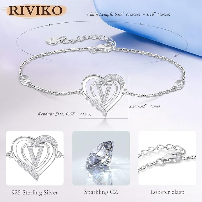RIVIKO Heart Initial Bracelets for Women,925 Sterling Silver Letter Bracelets, Personalized Charm Alphabet Jewelry Valentines Christmas Mother’s Day Birthday Gifts for Women Friend Her Mom Wife Lady