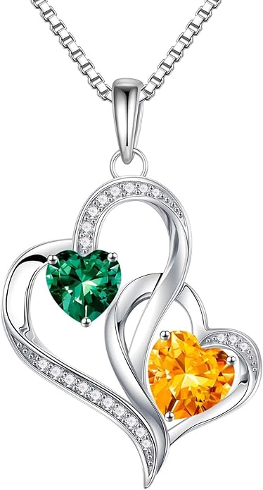 Iefil Birthstone Necklace for Women - 925 Sterling Silver Double Birthstone Heart Necklace | Anniversary Birthday Gifts for Women | Personalized Gifts | Jewelry Gifts for Wife Mom Girlfriend
