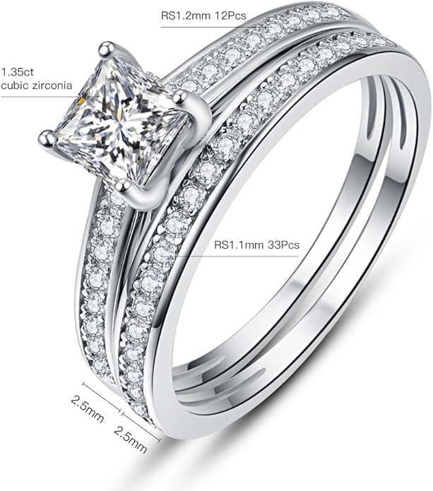 1.35ct Princess Cut Engagement Ring 925 Sterling Silver Wedding Band Set for Women Cubic Zirconia Bridal Sets Size 5-10