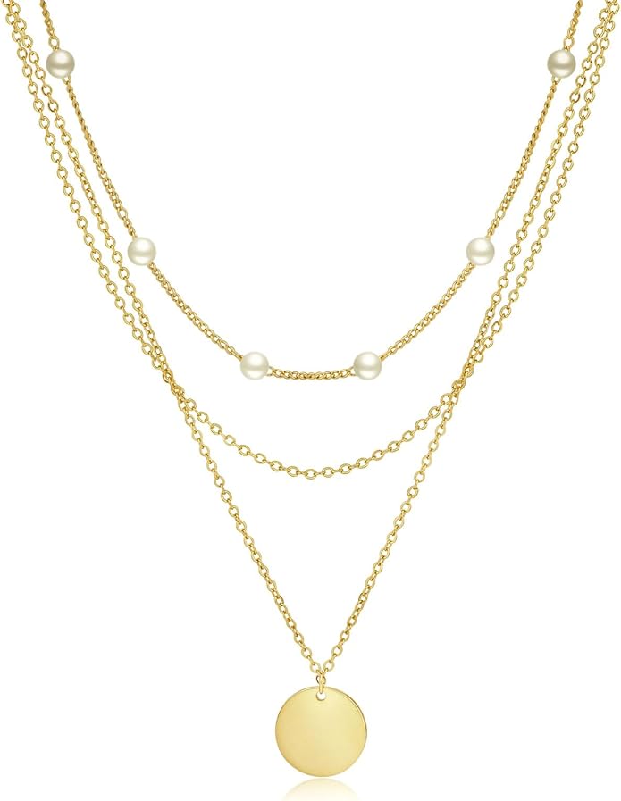 ASCOMY Layered Necklaces for Women Dainty Gold Necklace 14K Gold Plated Herringbone Necklace for Women Pearl Cross Necklace Paperclip Cuban Figaro Rope Satellite Chain Gold Choker Trendy Jewelry Gift