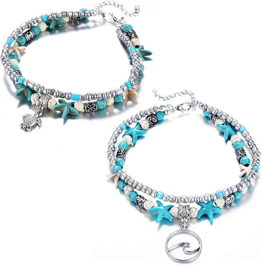Starain Blue Turtle Anklets for Women Multilayer Beads Handmade Beach Ankle Bracelet Set Boho Foot Jewelry
