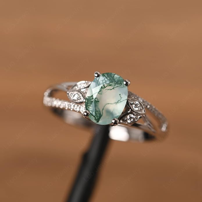 925 Sterling Silver Oval Shaped 8X6 MM Gemstone Ring Leaf Engagement Ring for Women Jewelry