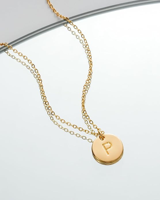 Bemoly Initial Necklace for Women Round 11MM Coin Disc Double Side Engraved Letter A-Z Hammered Pendant 14K Gold Plated Personalized Alphabet Birthday Jewelry 17.5"