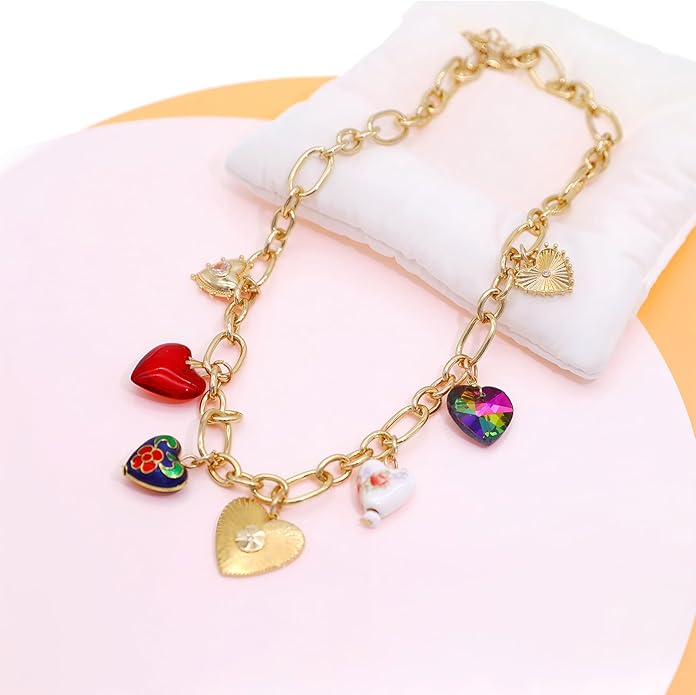 Chunky Retro Heart Necklace for Women Antique Layer Beach Ocean Moon Stars Western Boho Charm Necklaces Retro Link Chain Jewelry