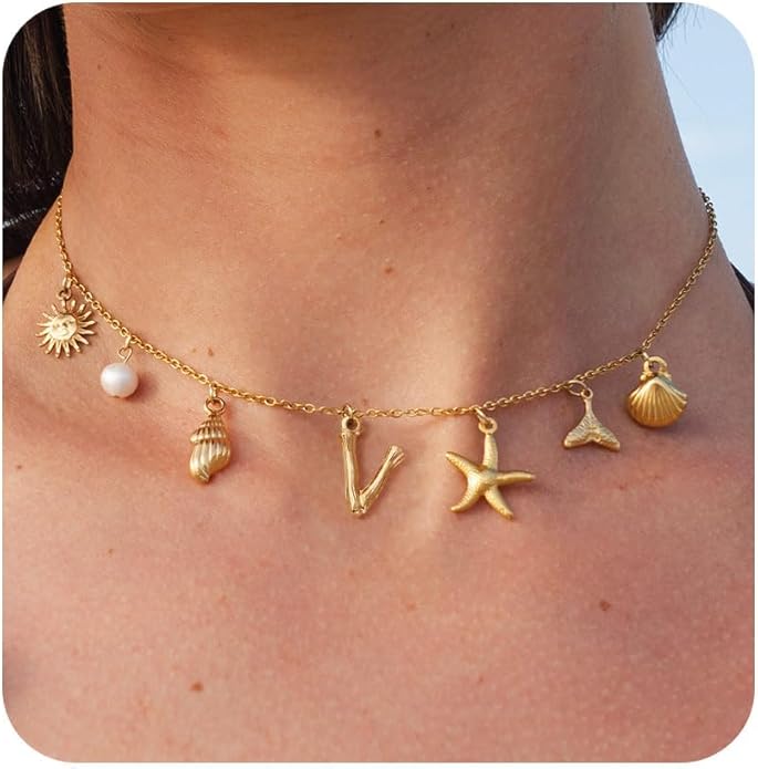 Initial Charm Necklace For Women Shell Letter Necklaces Gold Charms Pendant Boho Summer Seashell Beach 14k Starfish Surfer Jewelry Gifts