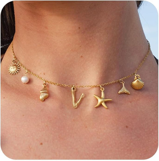 Initial Charm Necklace For Women Shell Letter Necklaces Gold Charms Pendant Boho Summer Seashell Beach 14k Starfish Surfer Jewelry Gifts