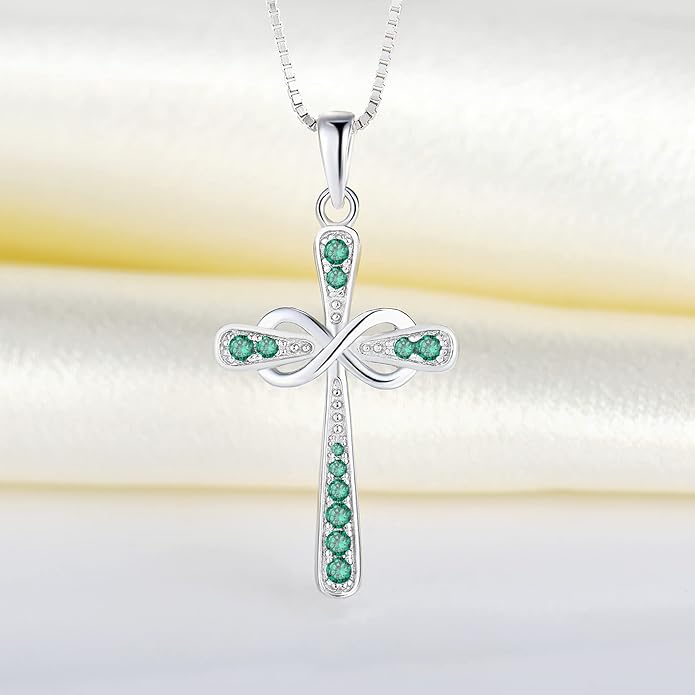 YL 925 Sterling Silver Cross Necklace for Women Halo Infinity Pendant Birthstone Jewelry for Mom