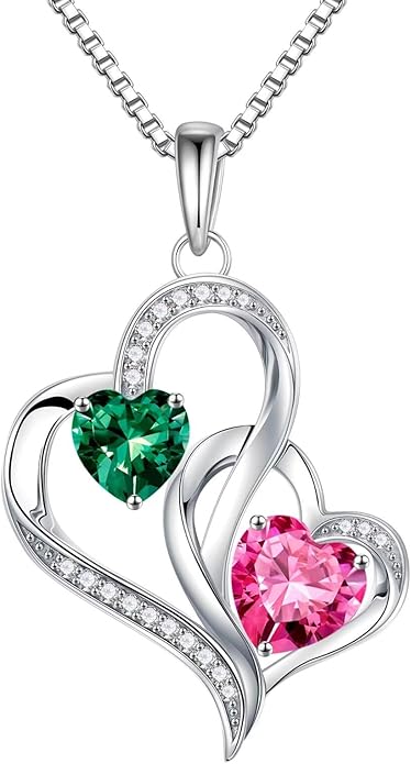 Iefil Birthstone Necklace for Women - 925 Sterling Silver Double Birthstone Heart Necklace | Anniversary Birthday Gifts for Women | Personalized Gifts | Jewelry Gifts for Wife Mom Girlfriend