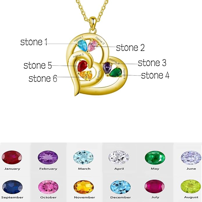 10K 14K 18K Gold Natural Diamond Personalized Mother Name Necklace with 1-6 Birthstones Sterling Silver Custom Heart Name Necklace for Women Mom Grandmother Wife Friend Gifts for Mother's Day