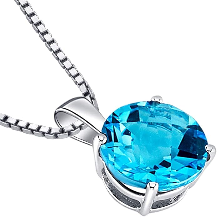 PEORA 14K White Gold Swiss Blue Topaz Pendant for Women, Genuine Gemstone Solitaire, Round Shape, 8mm, 2.50 Carats total, AAA Grade, Blue Gemstone Necklace, December Birthstone Gold Necklace