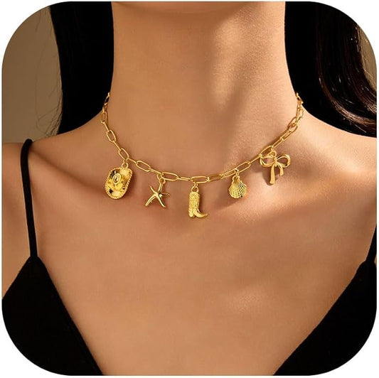 Choistily Charm Necklace Dainty Gold Western Outfit Beach Jewelry for Women Trendy Cowgirl Accessories for Women Gold Bow Sea Shell Pendant Necklace Preppy Stuff Summer Jewelry 2025